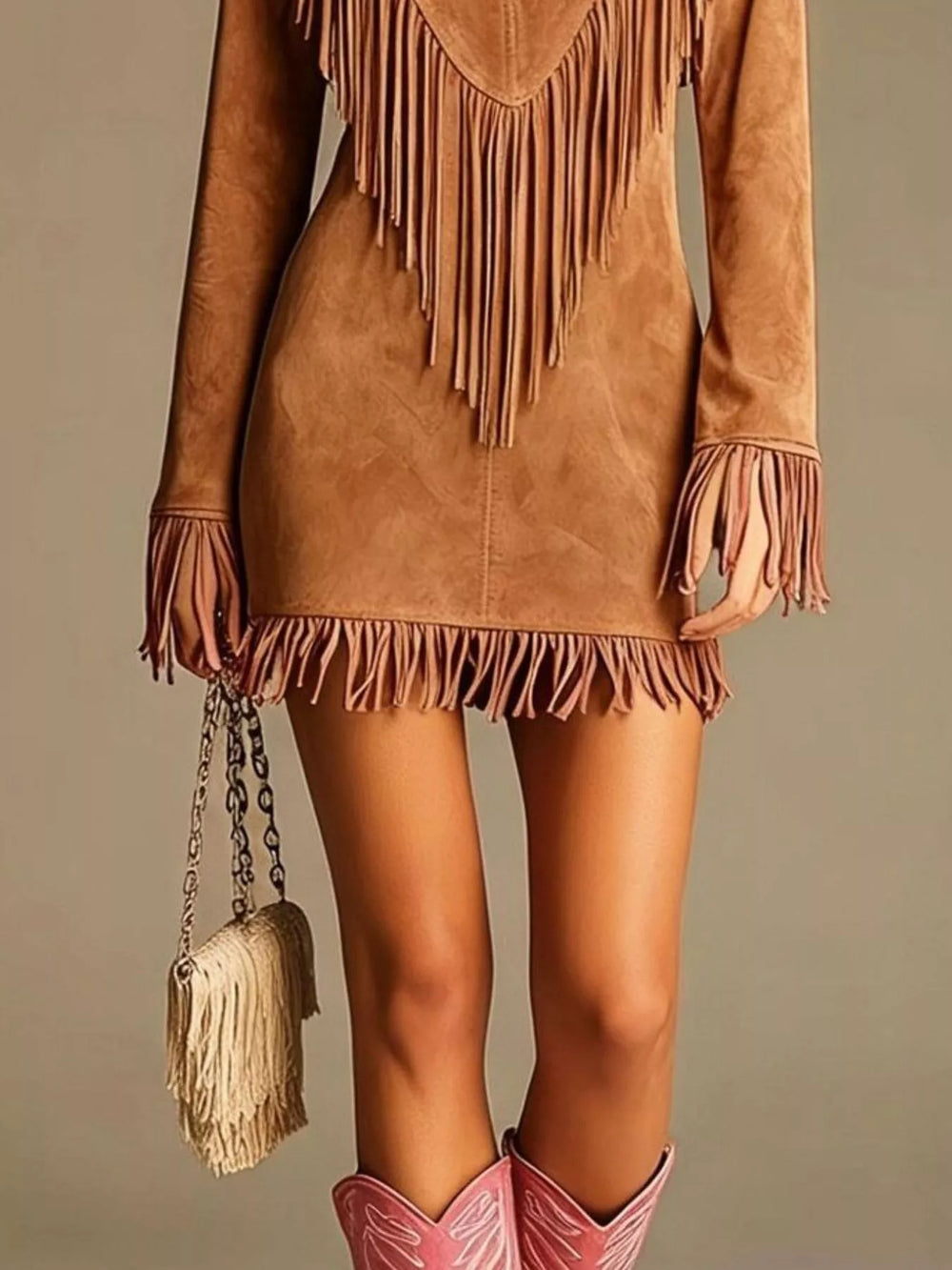 Brown mini dress worn on a model, showing the suede-look fabric