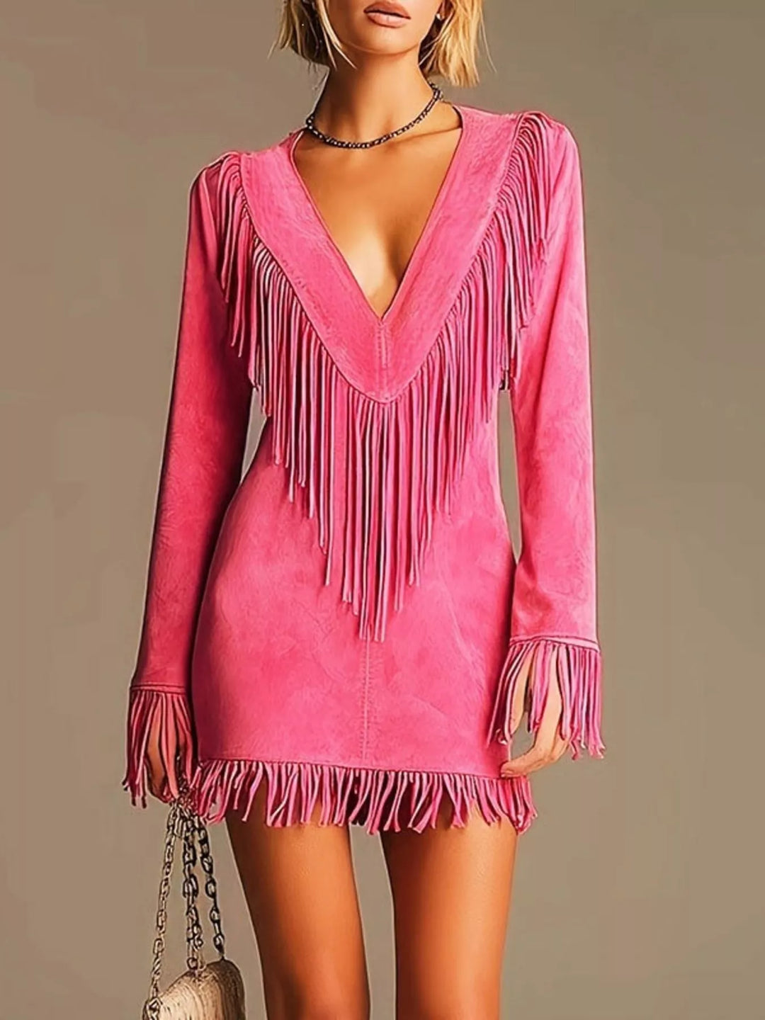 Hot pink mini dress front view with suede-look fabric
