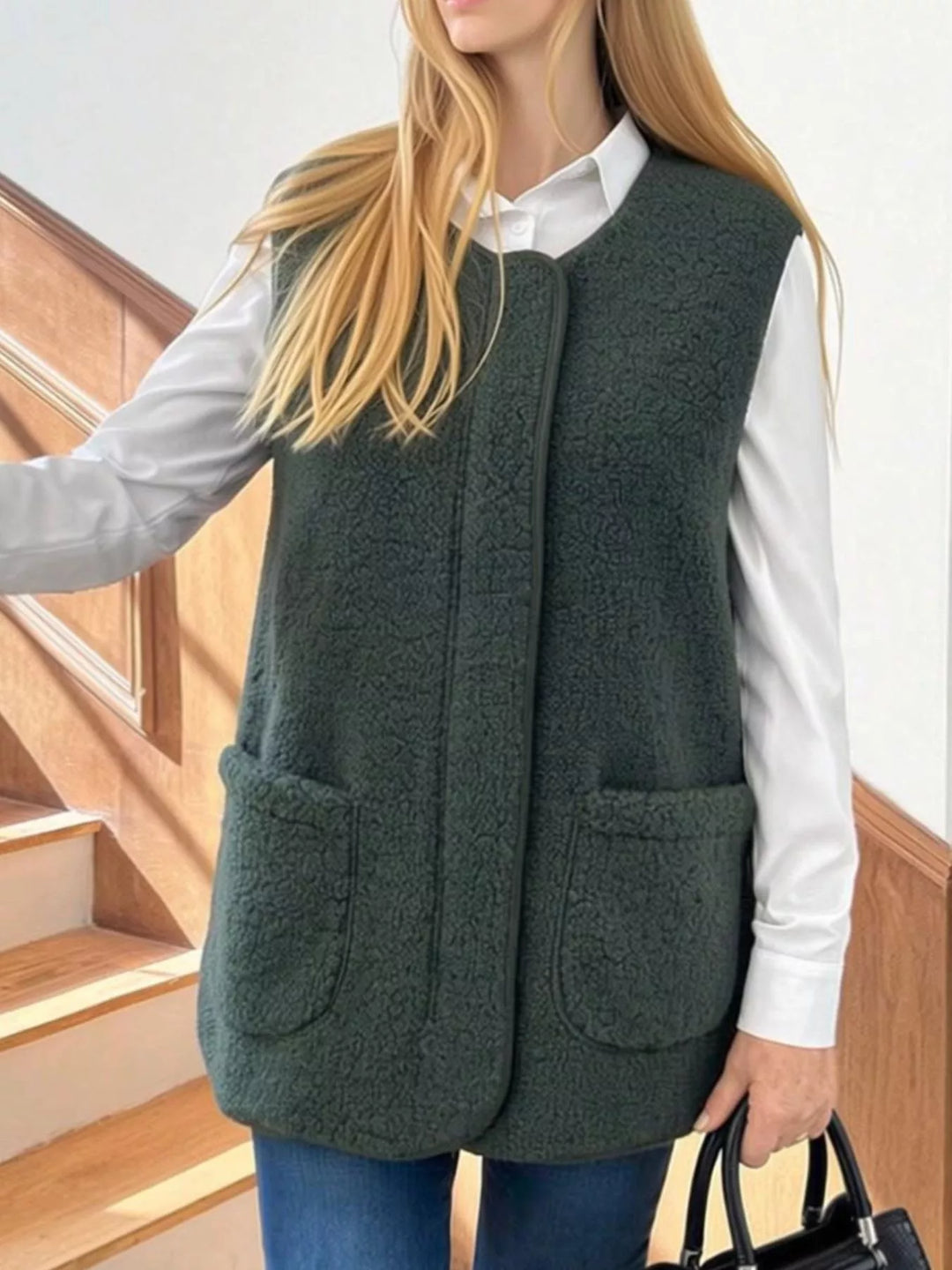 Forest green fuzzy vest with patch pockets, front view with a black handbag