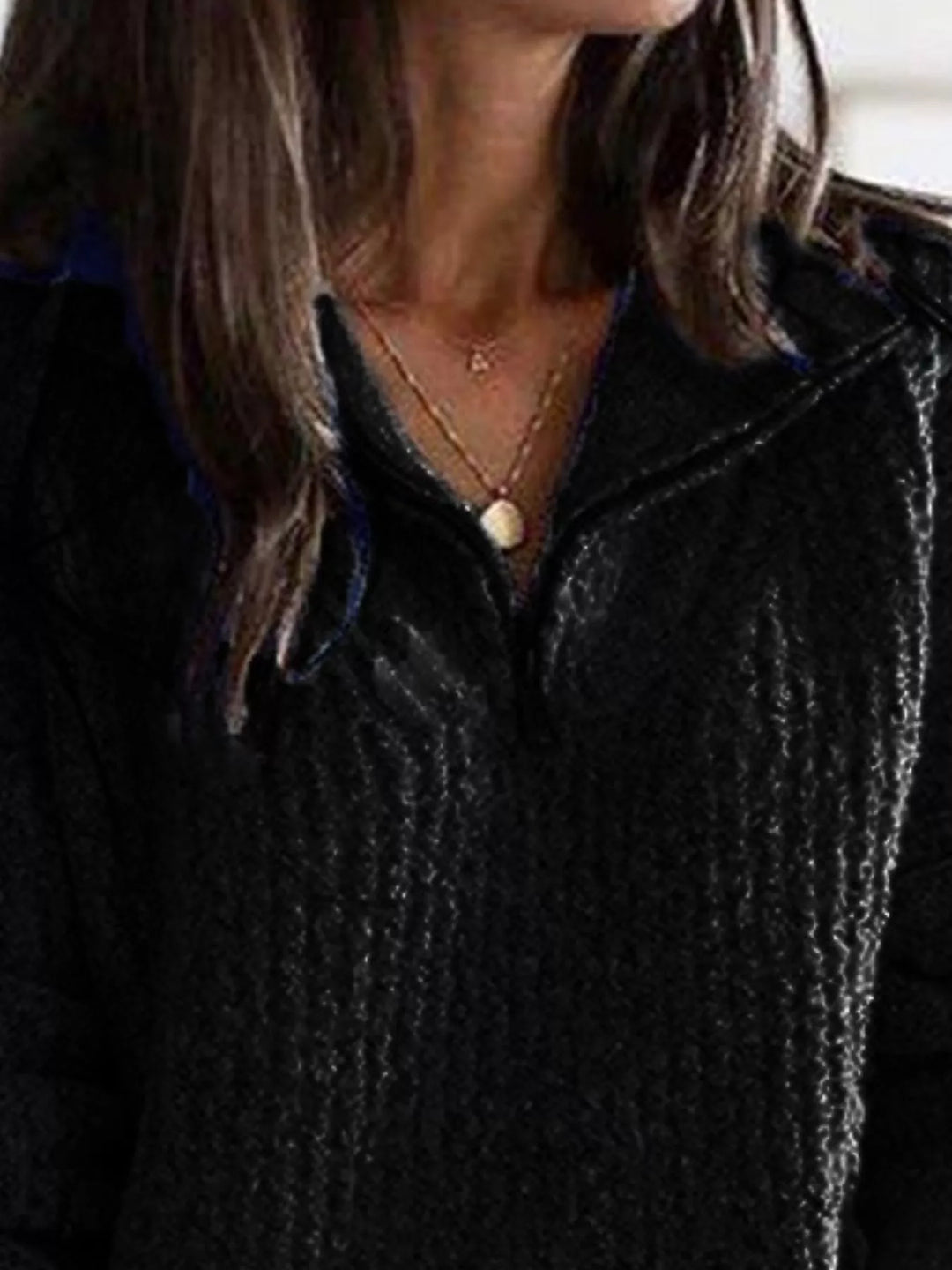 Black half zip sweater close-up of the knit texture and collar