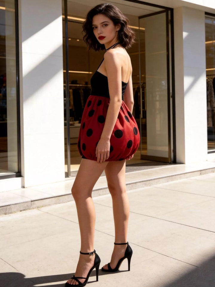 Deep red mini dress worn on a model, showing the ladybug polka dot print from another angle 3