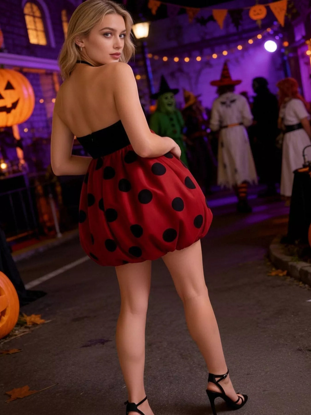 Deep red mini dress worn on a model, showing the black fitted bodice again