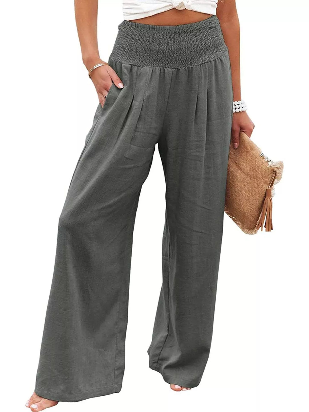 Charcoal high waisted wide leg pants with pleats, studio front view