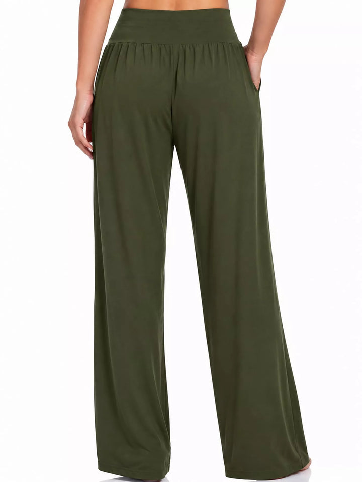 Army green high waisted wide leg pants, back view with gathered waistband