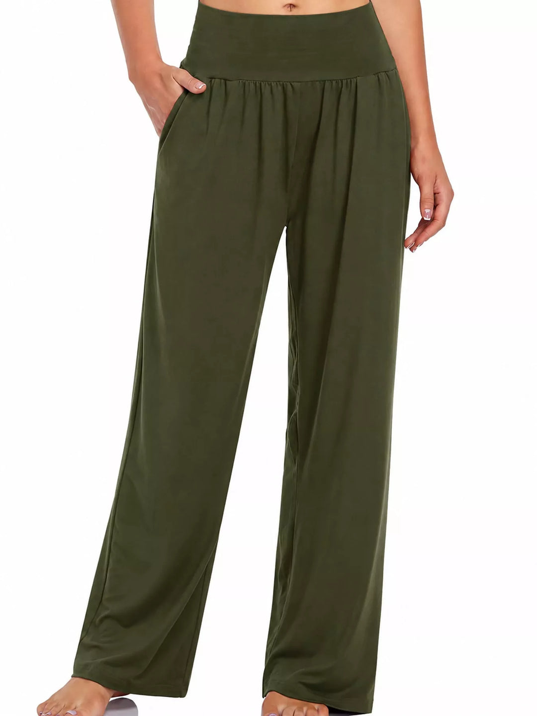 Army green high waisted wide leg pants, front view with hand in pocket