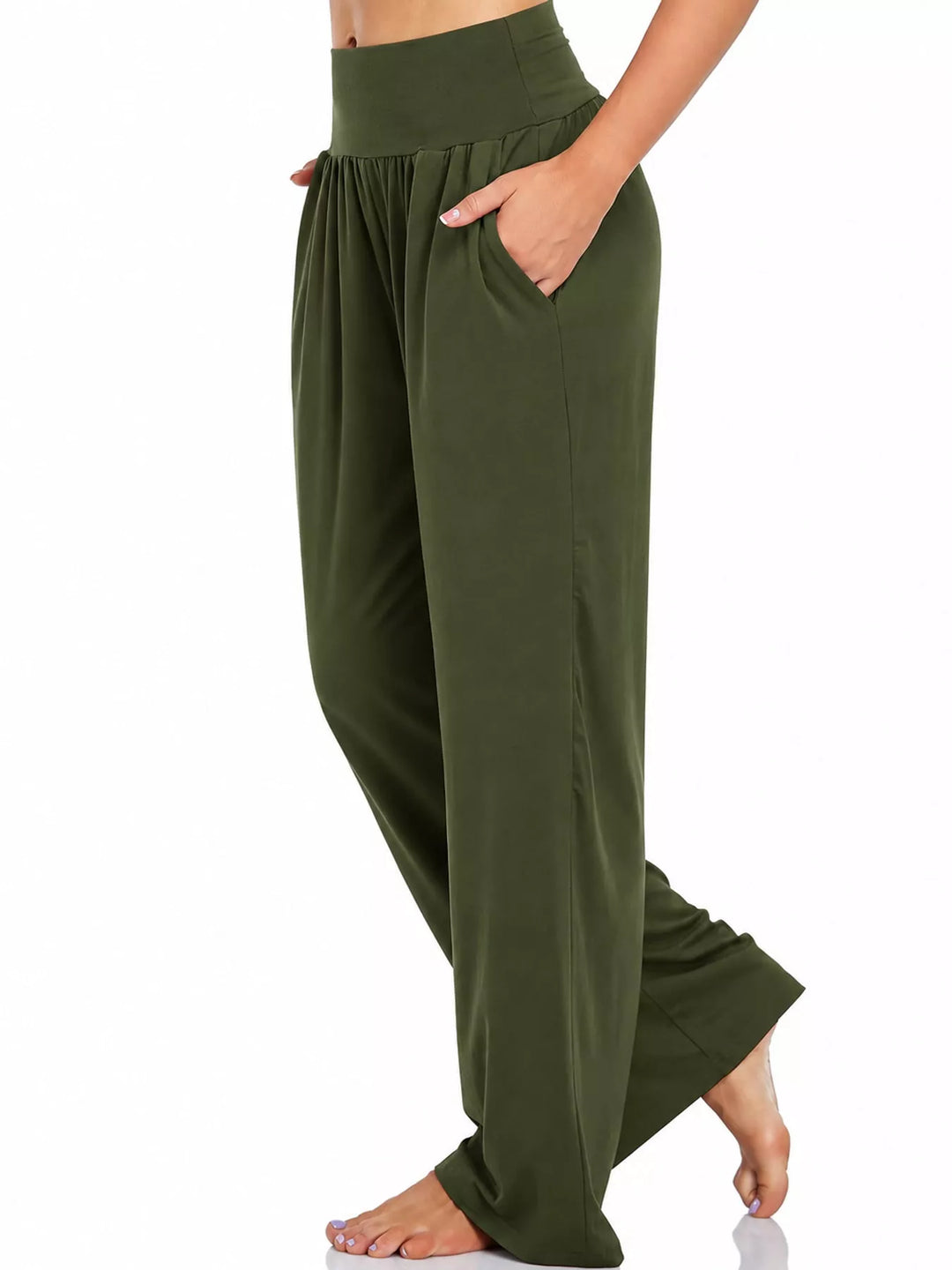 Army green high waisted wide leg pants, side view with pocket and flowing wide leg