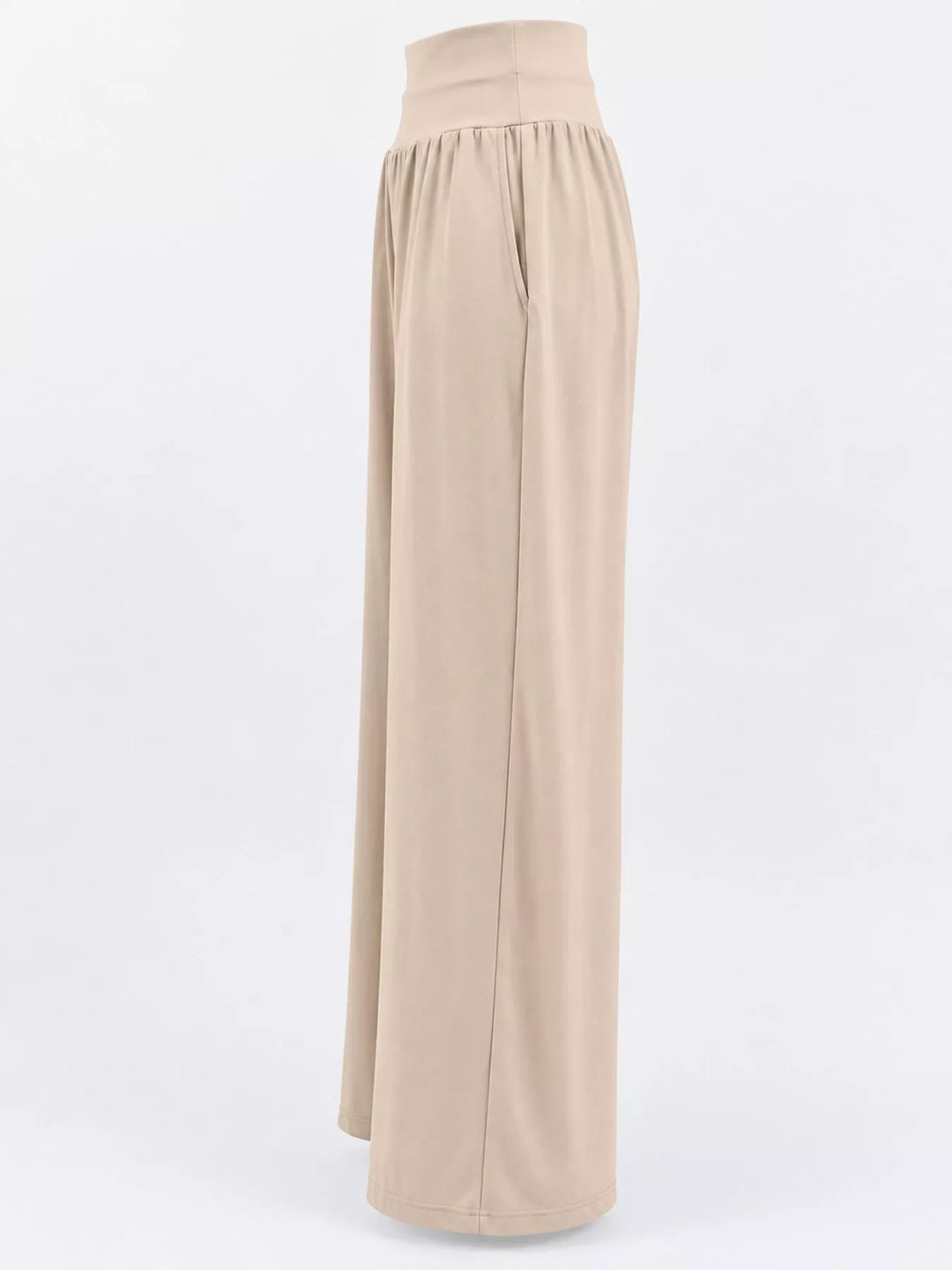 Beige high waisted wide leg pants, flat side view of the wide leg