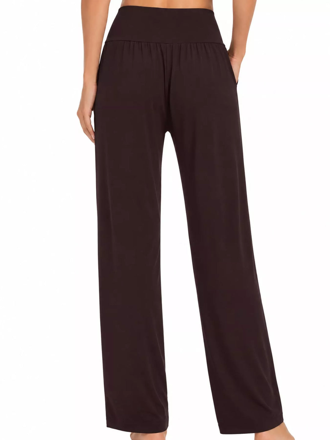 Dark brown high waisted wide leg pants, back view of the gathered waistband