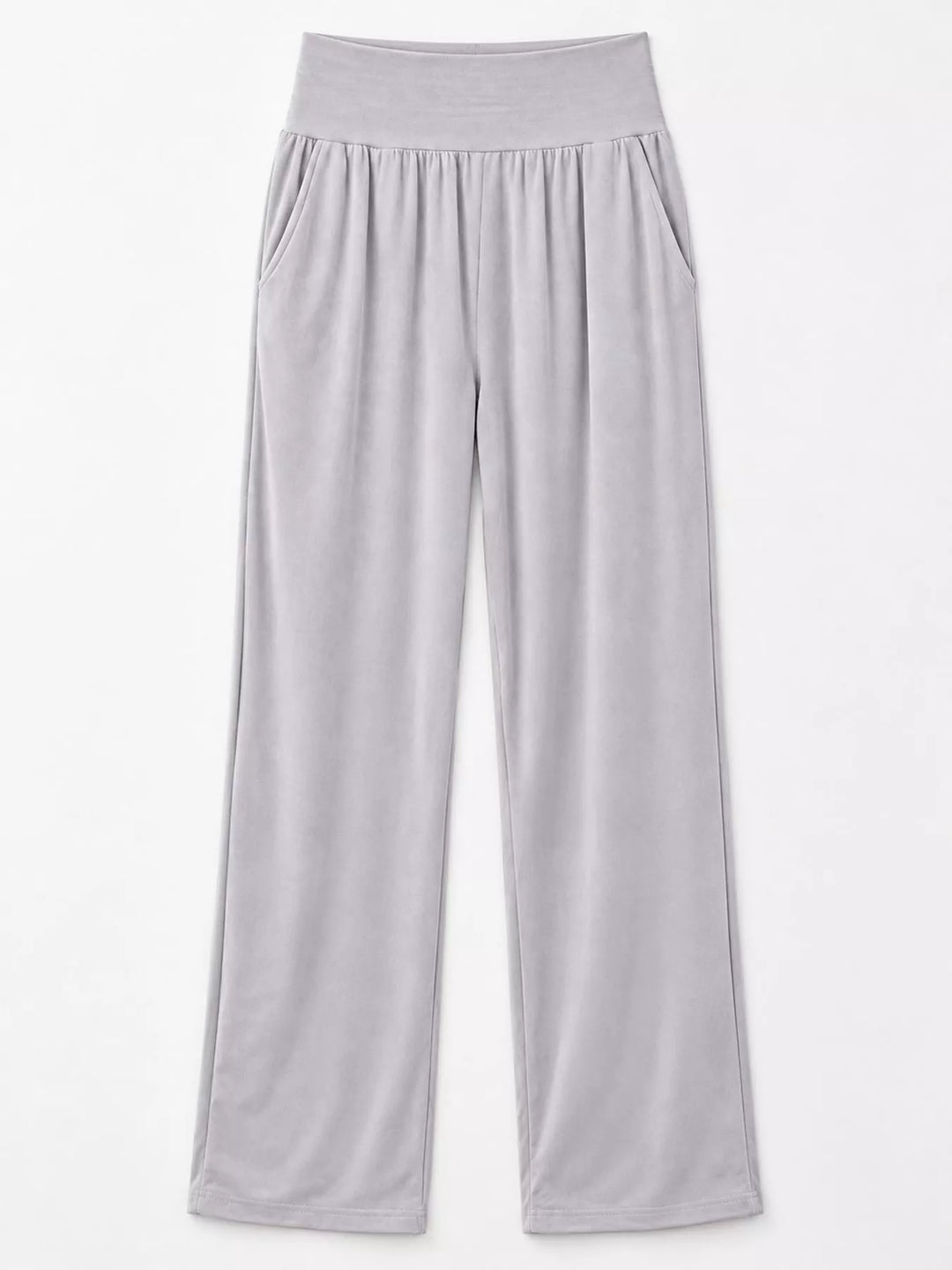 Light gray high waisted wide leg pants, laid flat showing the wide leg shape