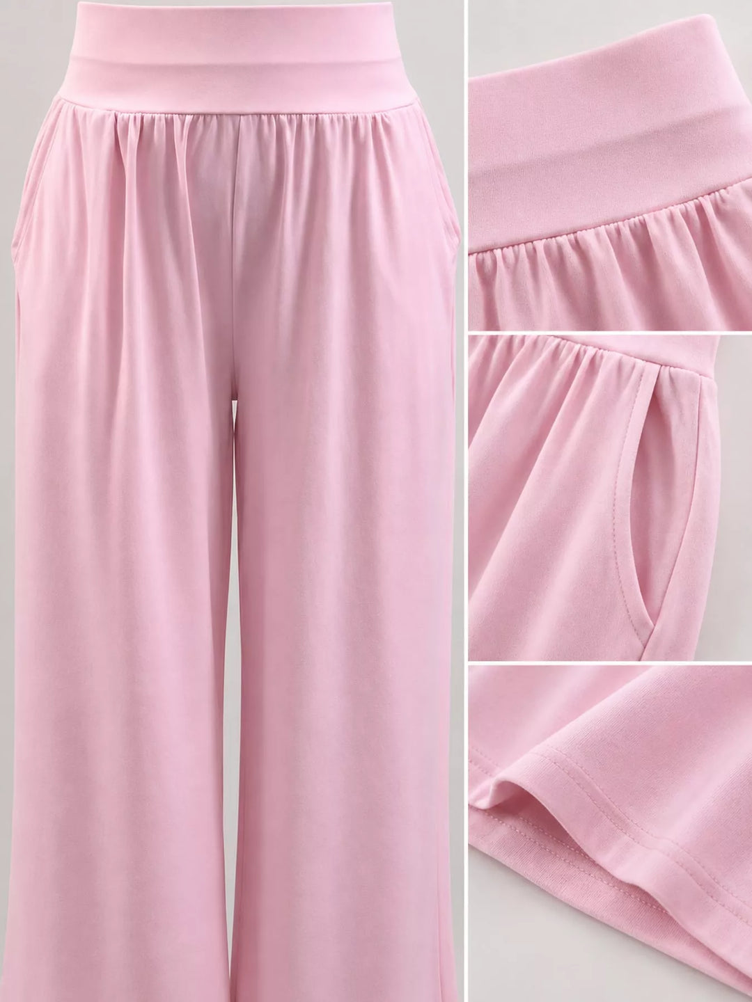 Light pink high waisted wide leg pants, full view beside waistband, pocket and fabric details