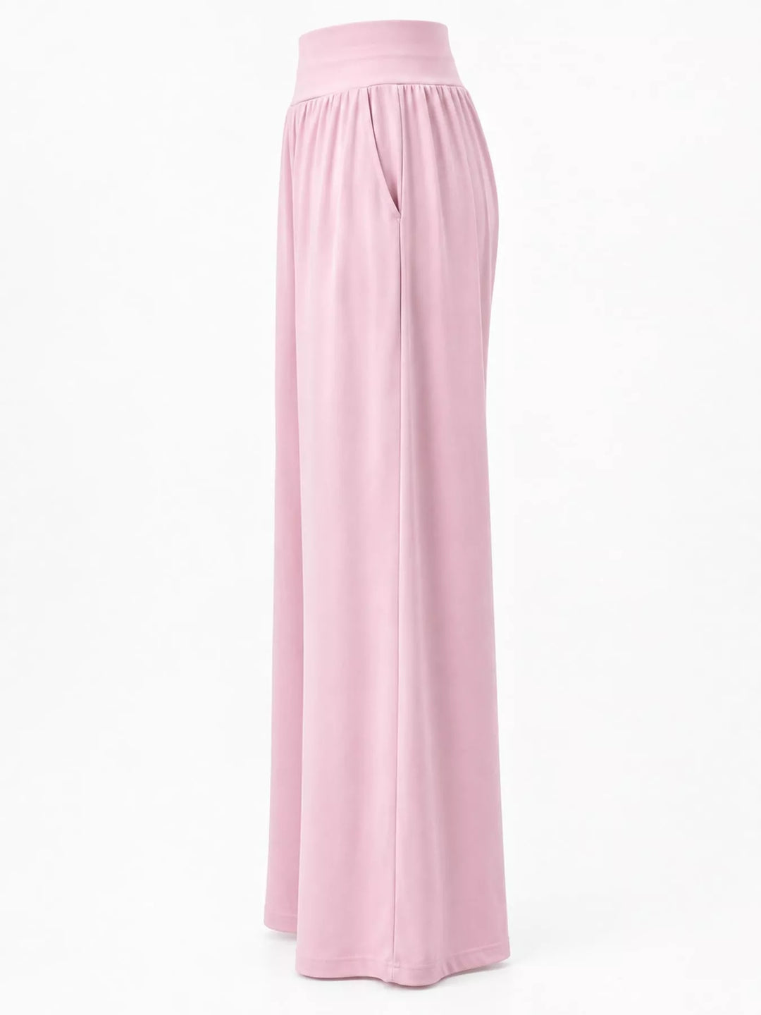 Light pink high waisted wide leg pants, flat side view of the wide leg