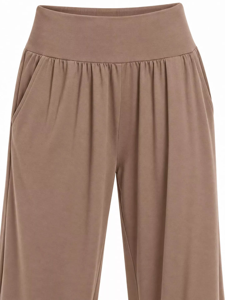 Mocha high waisted wide leg pants, close-up of the smocked waistband and pocket