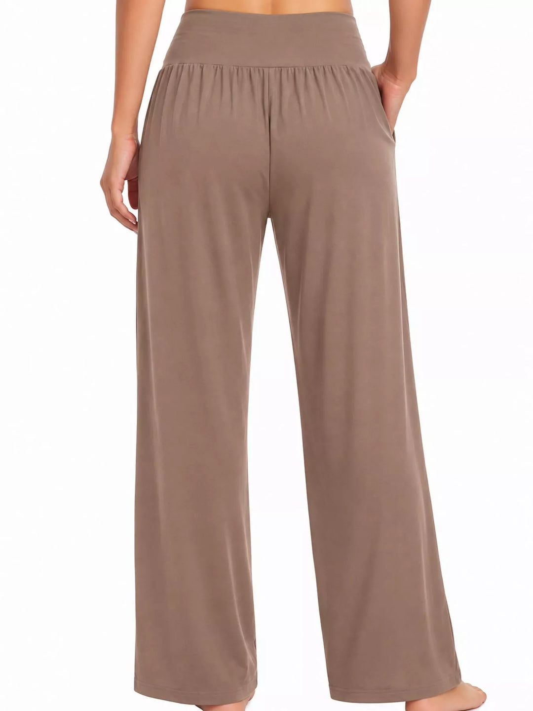 Mocha high waisted wide leg pants, front view with hands at the pockets