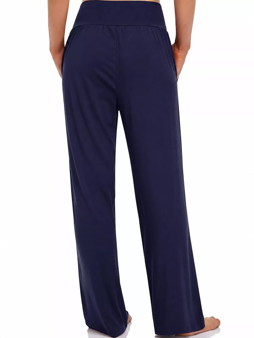 Navy high waisted wide leg pants, back view of the waistband