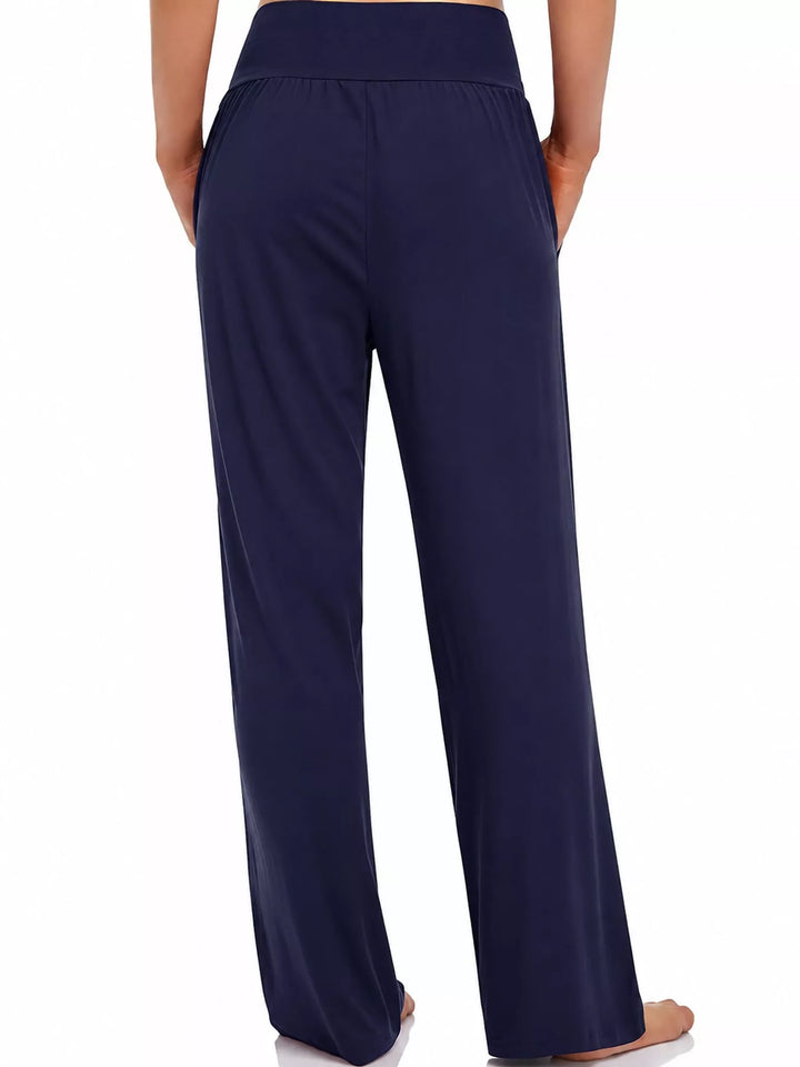 Navy high waisted wide leg pants, back view of the waistband