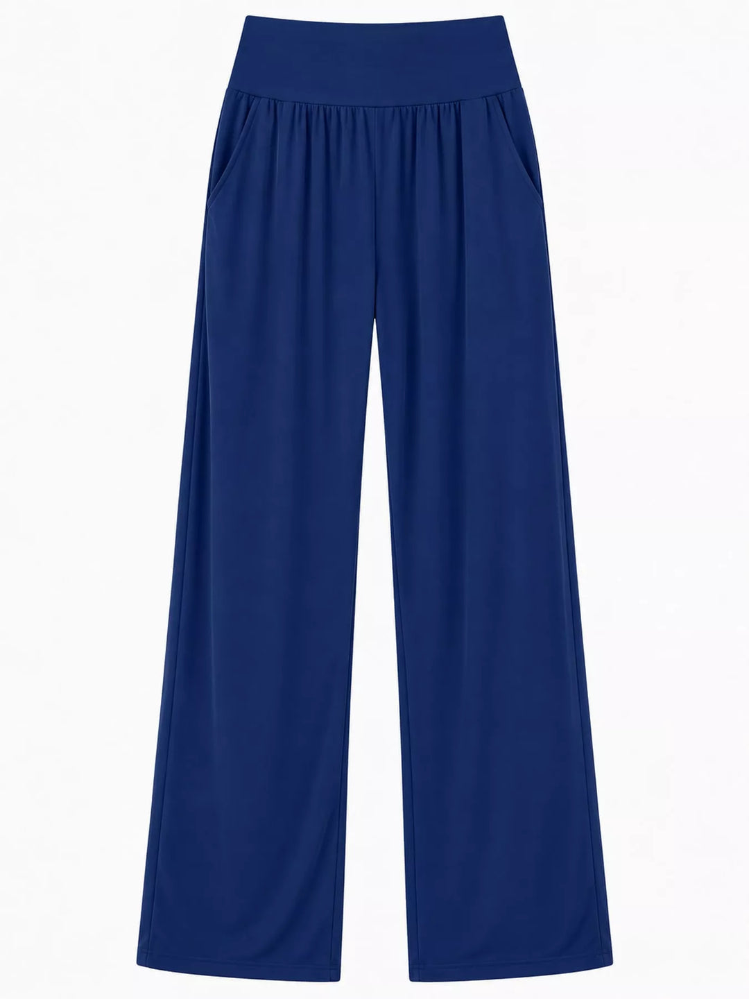 Royal blue high waisted wide leg pants, laid flat showing the wide leg opening