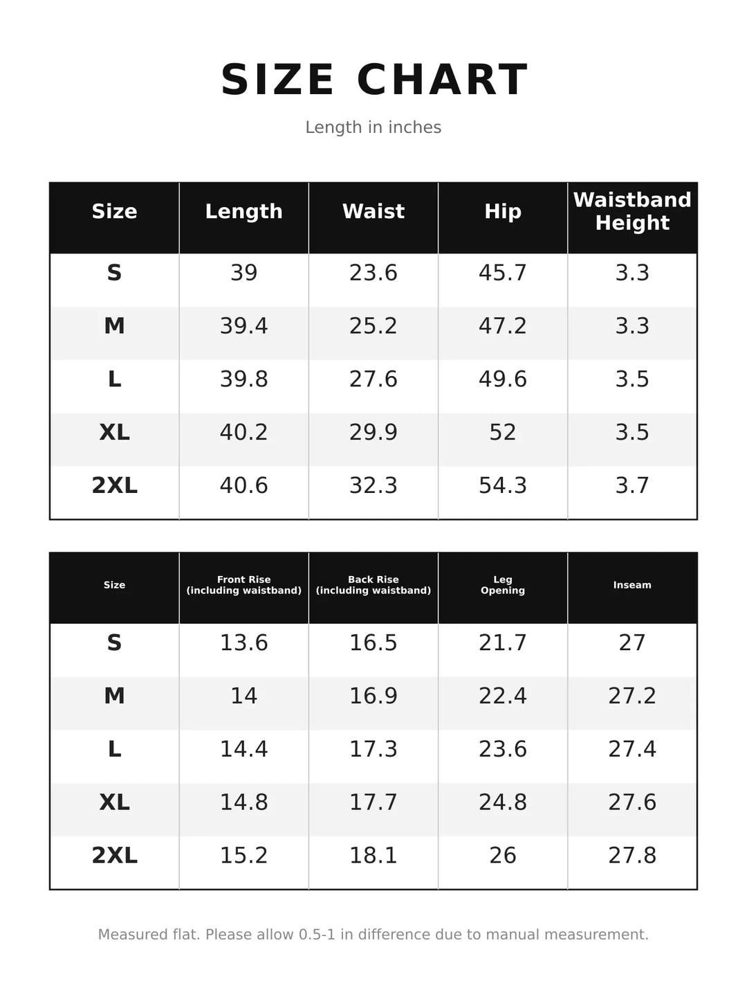 Size chart for the women's high waisted wide leg pants