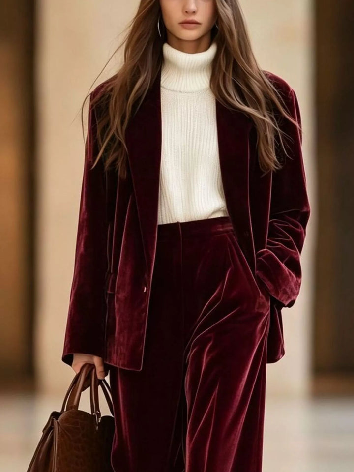 Burgundy holiday outfit blazer over a white turtleneck, hand in pocket