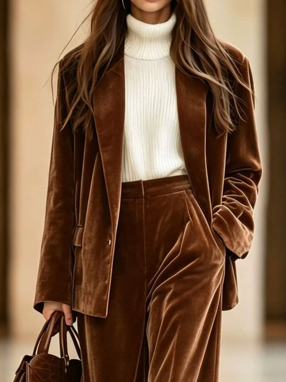 Chocolate velvet-look blazer set over a white turtleneck, holding a brown tote