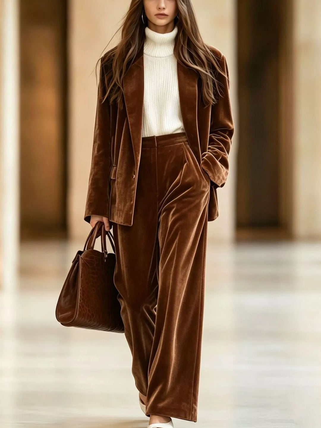 Women's chocolate holiday outfit with velvet-look blazer and wide leg pants, walking pose