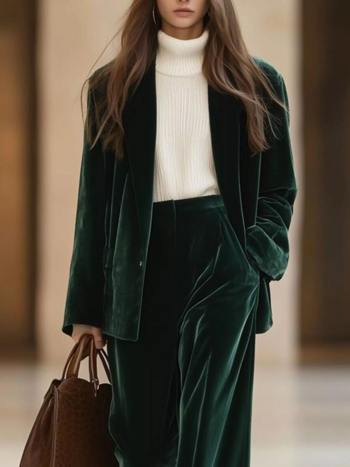 Forest green velvet-look blazer and wide leg pants with a white turtleneck