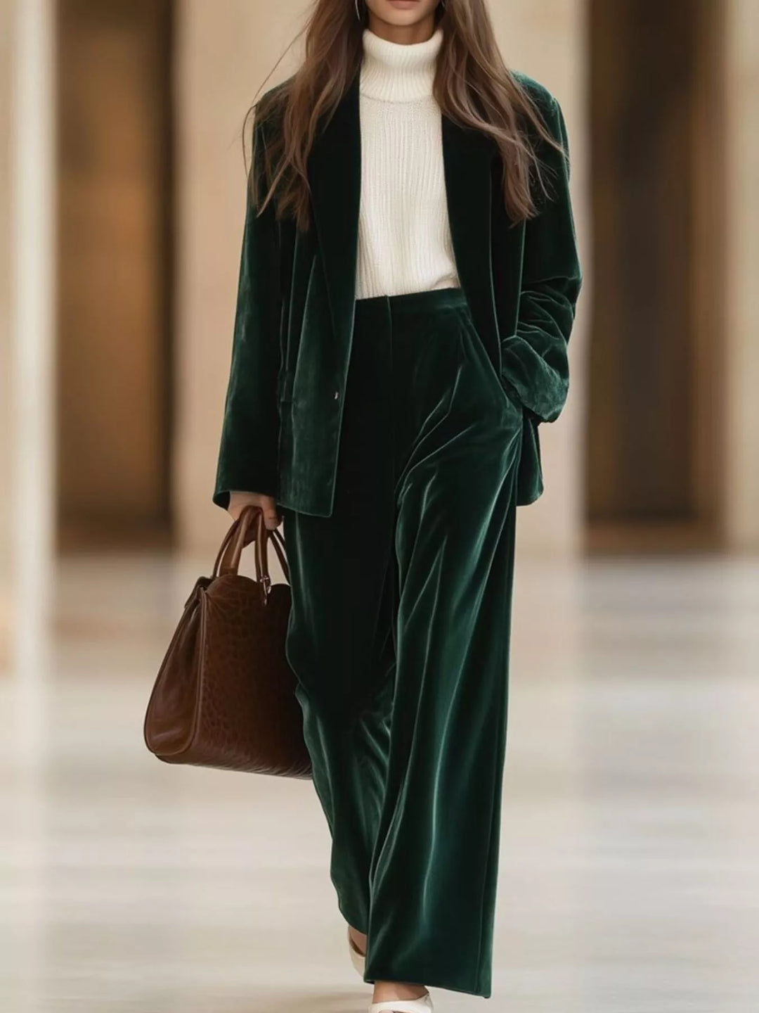 Forest green holiday outfit blazer and pants, full walking view
