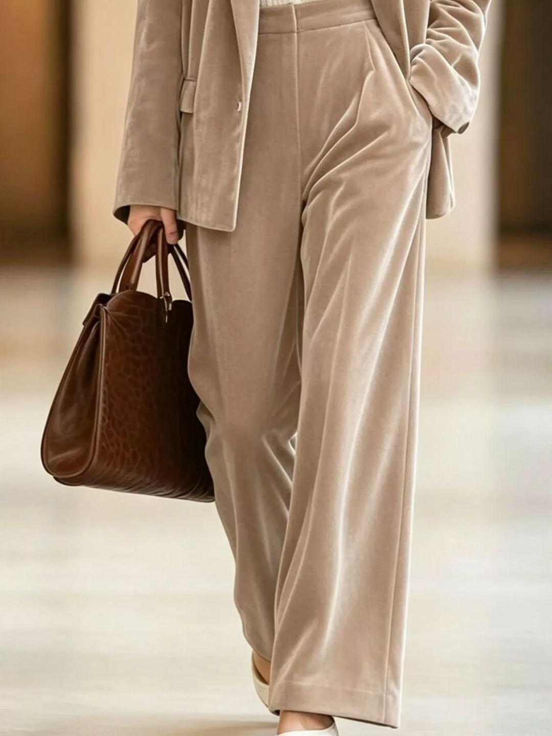Mushroom wide leg pants and open blazer, close view with a brown tote