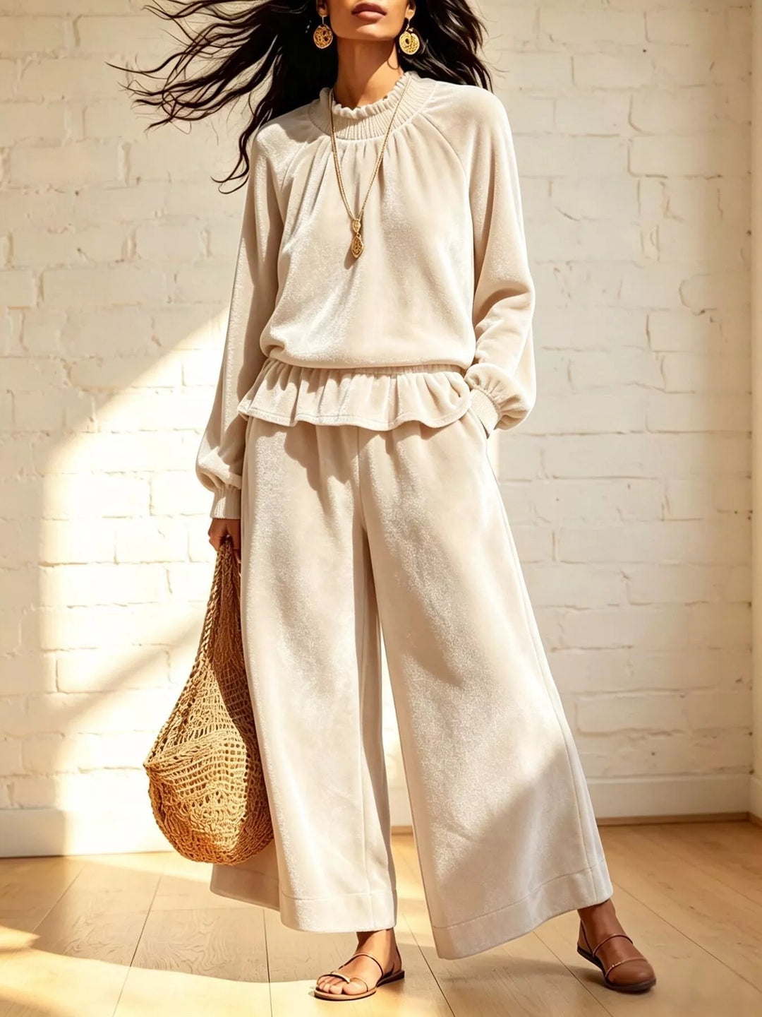 Women's holiday outfit in cream, peplum top and wide leg pants, front view
