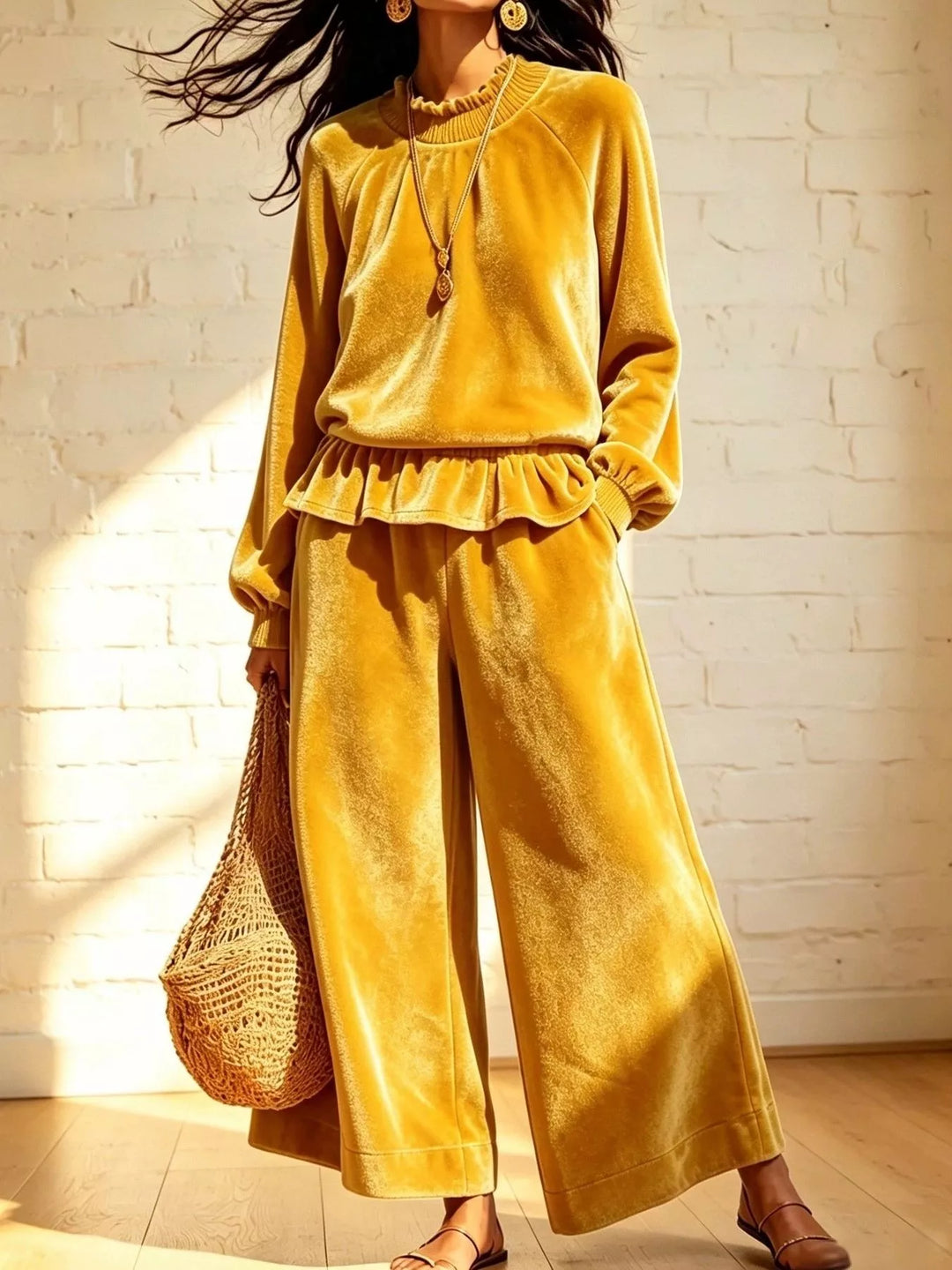 Mustard peplum top and wide leg pants set, full front view on model