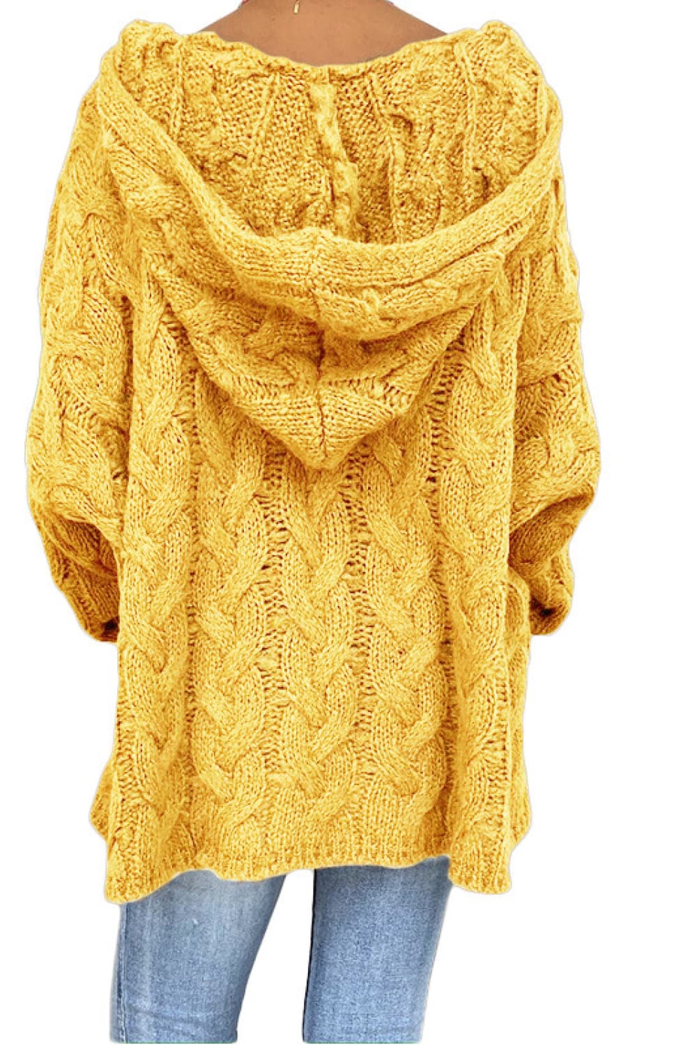 Back view of the mustard yellow hooded sweater showing the draped hood