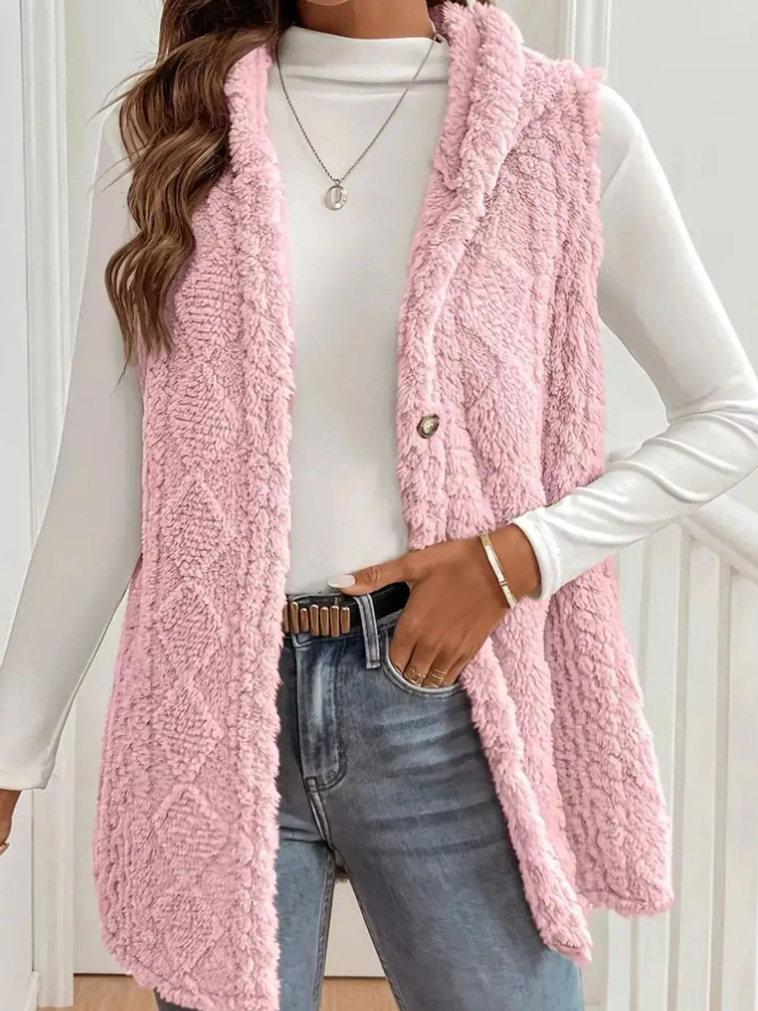 Blush pink longline hooded vest full length with jeans