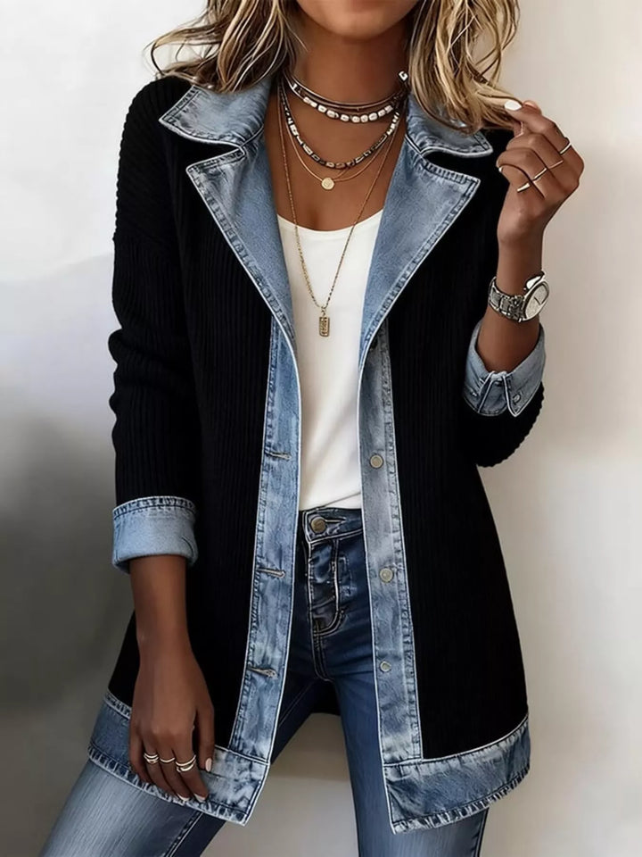 Women's jacket in black ribbed knit with open front and denim contrast lapel