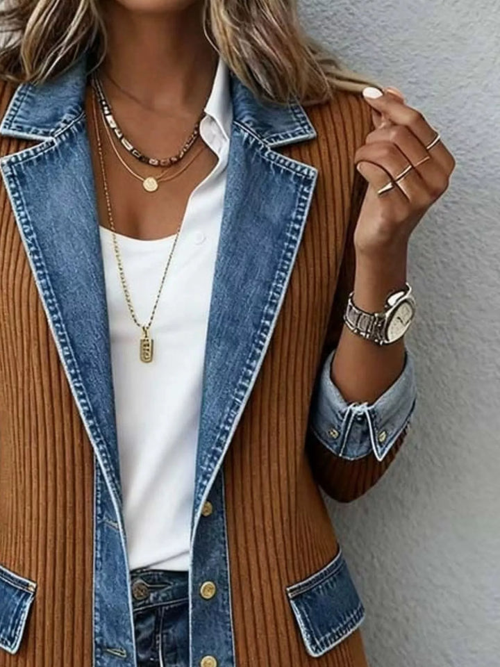 Close-up of the camel jacket denim lapel and flap pocket