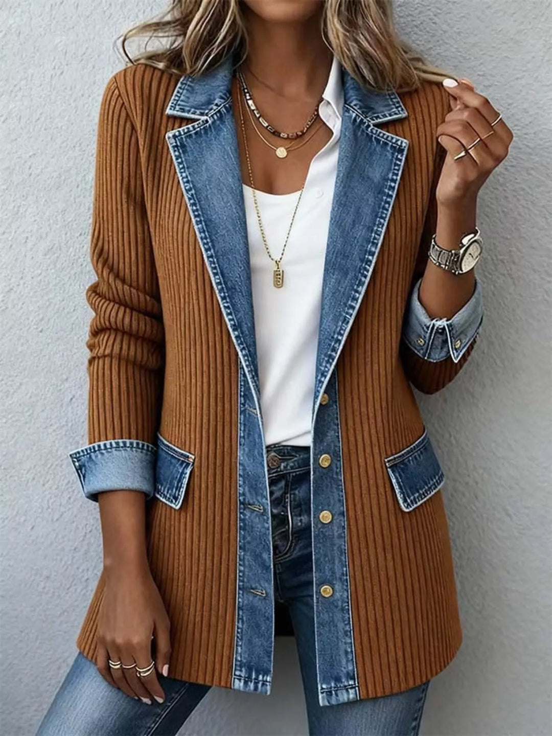 Camel ribbed knit jacket with denim lapel and cuffs, front view