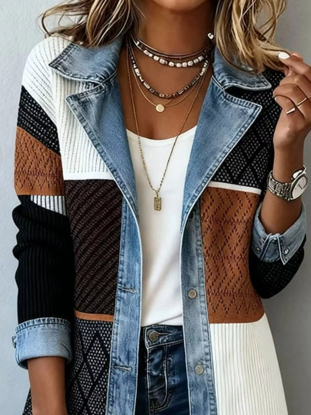 Close-up of the patchwork knit jacket with geometric panels and denim lapel