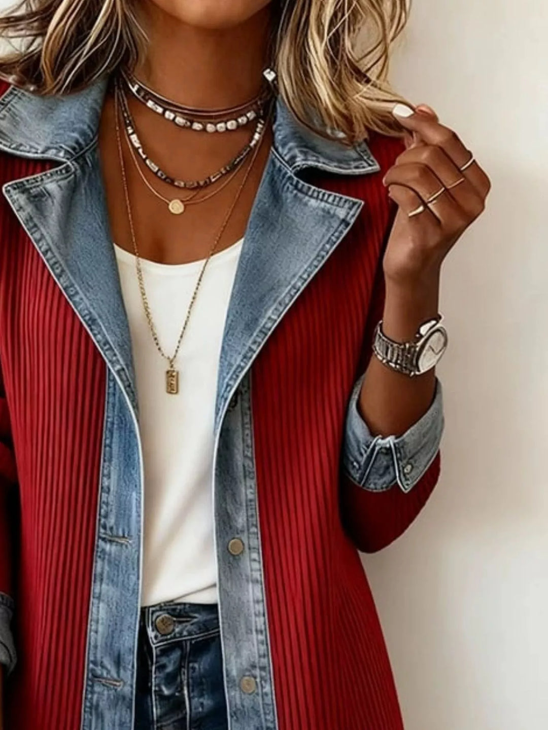 Close-up of the red jacket denim lapel and ribbed texture