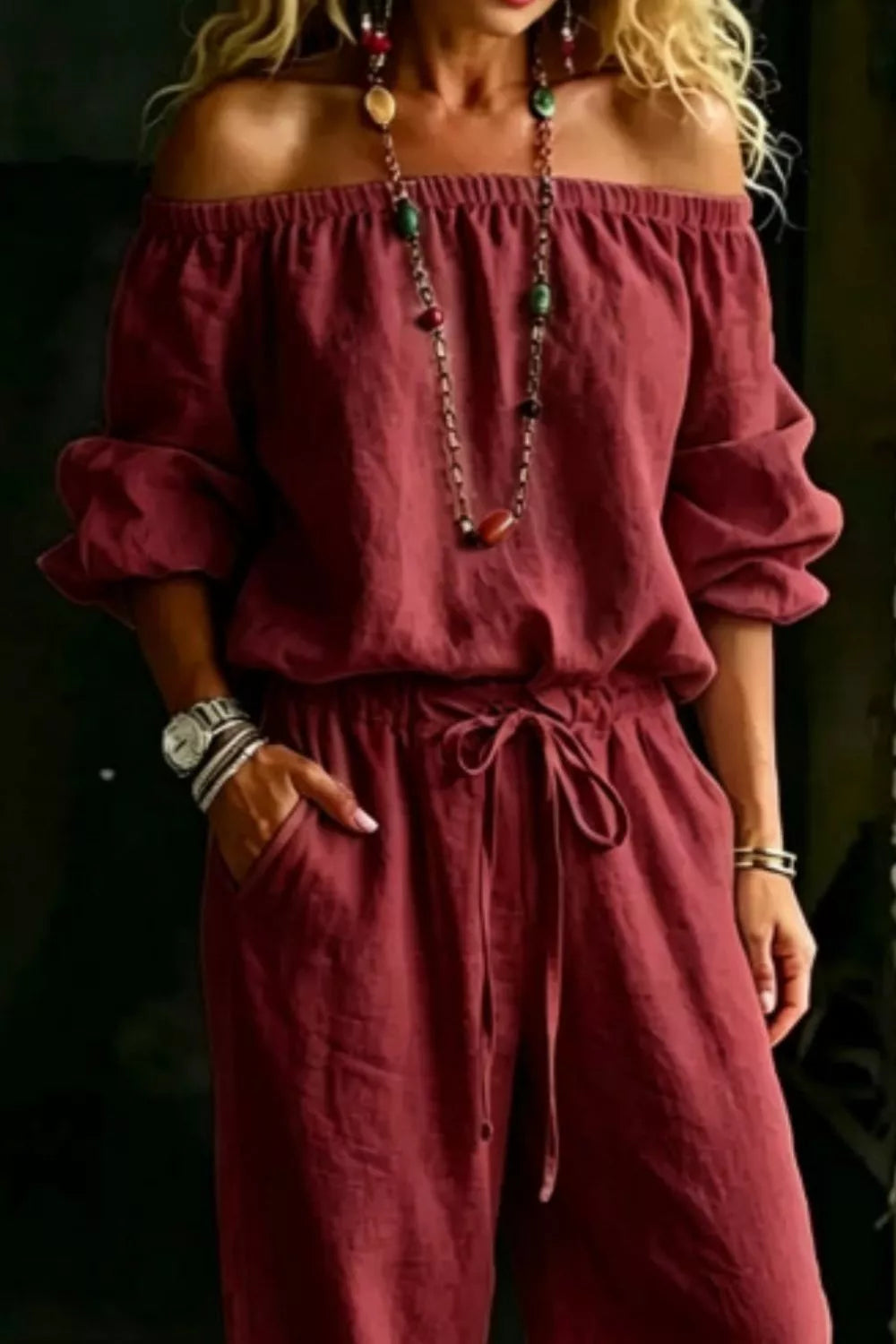 Burgundy off shoulder top with puff sleeves and drawstring waist, close front view