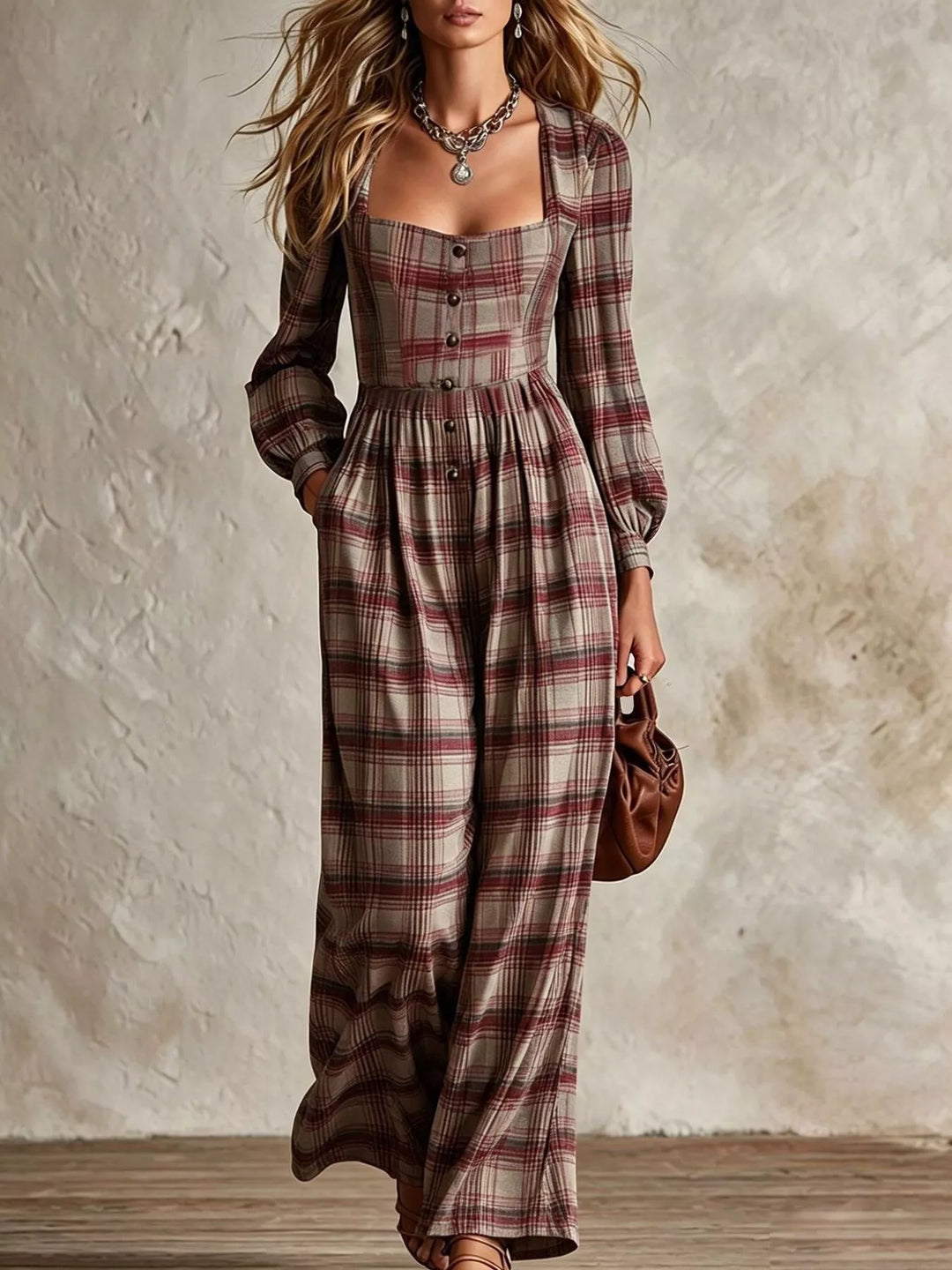 Wide leg rosewood plaid jumpsuit with long sleeves and pockets, standing against a textured wall