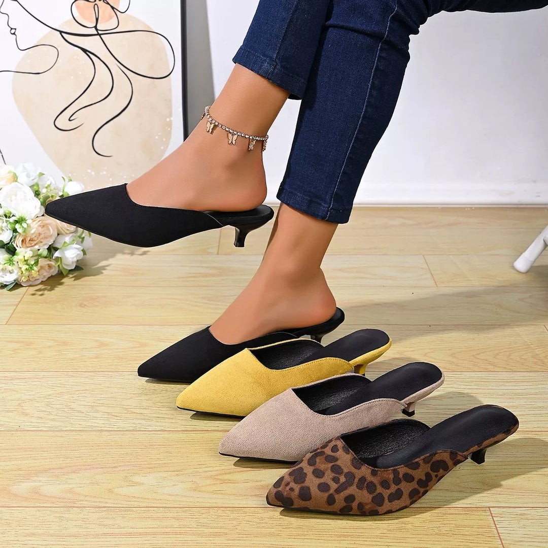 Women's kitten heels in black, mustard, taupe and leopard, pointed toe backless mules