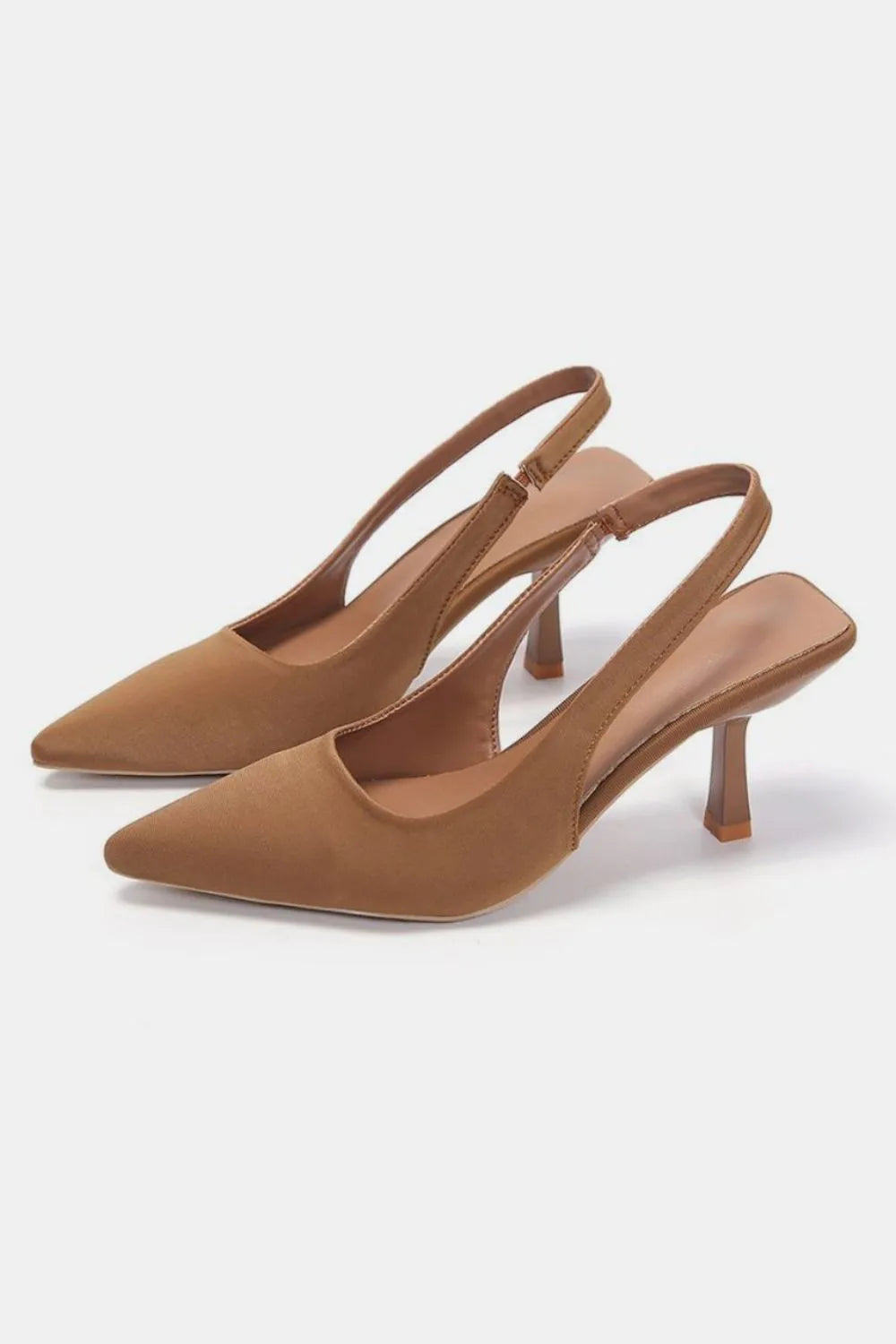 Caramel brown pointed toe slingback kitten heel pumps, pair view