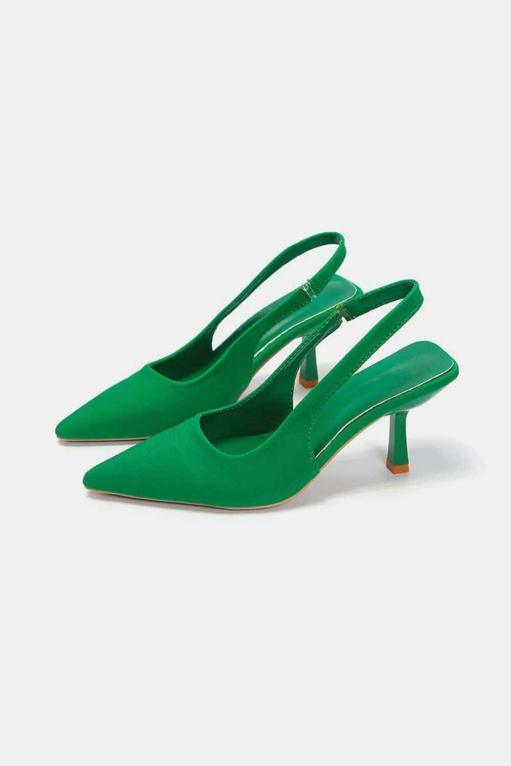 Emerald green pointed toe slingback kitten heel pumps, pair view