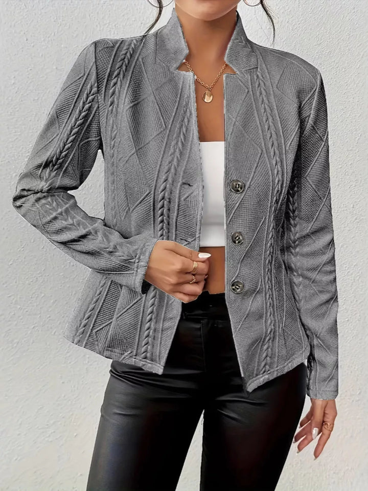 Dark gray textured knit blazer with stand collar, front view