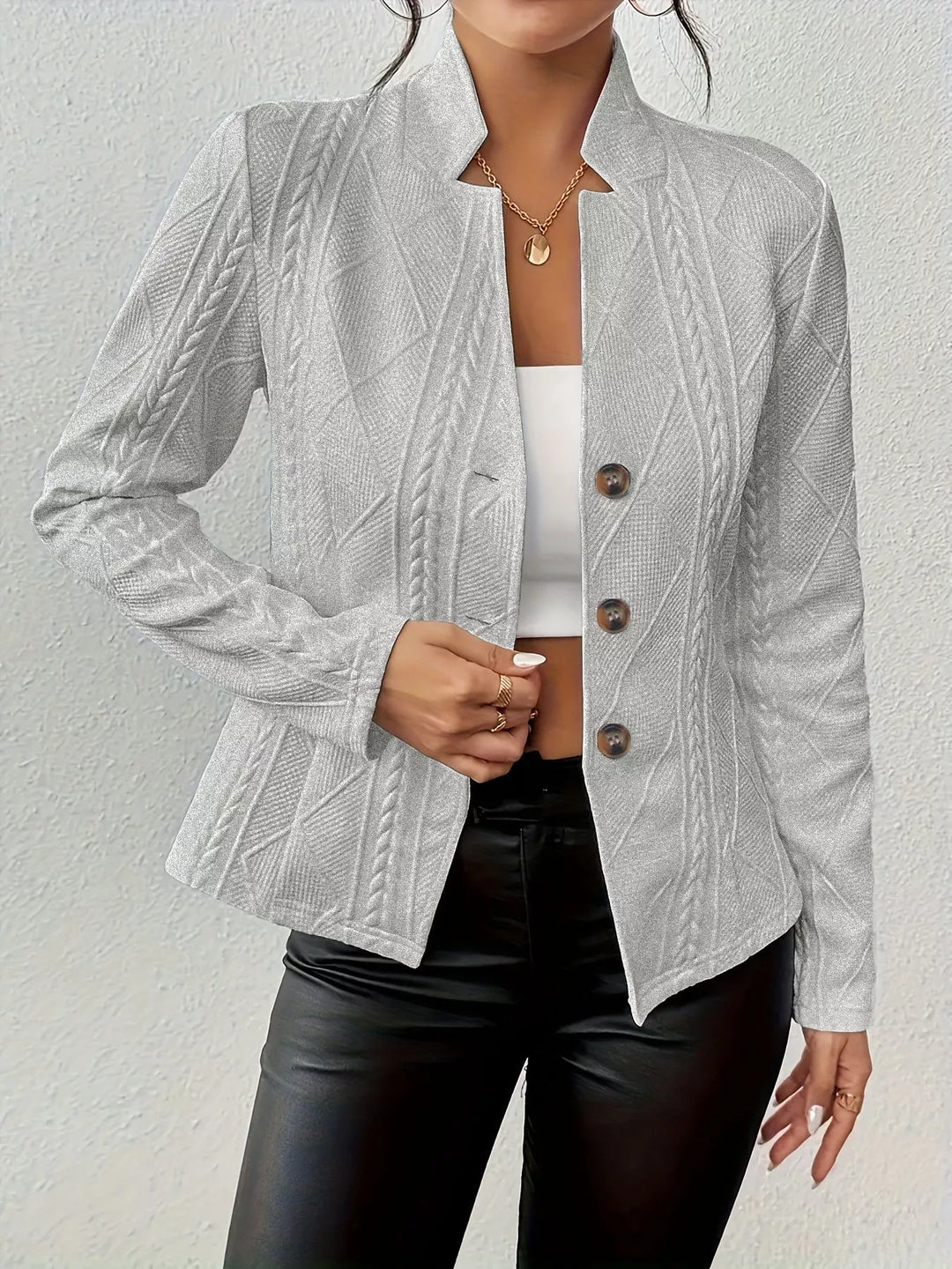 Light gray textured knit blazer with stand collar, front view