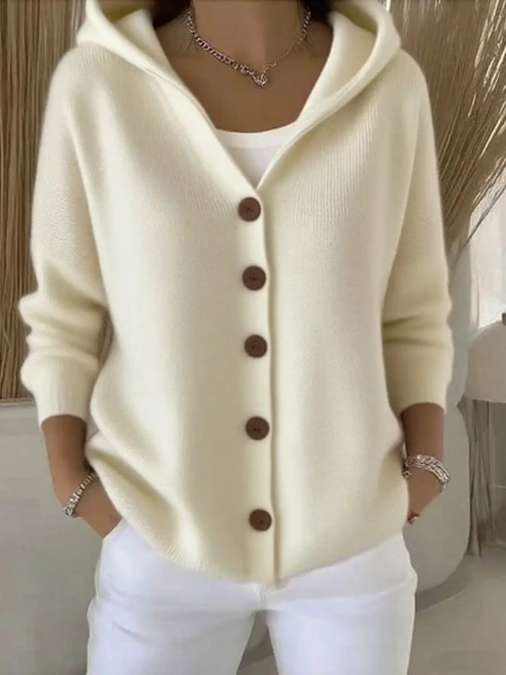 Cream hooded knit cardigan with wooden-look buttons, front view