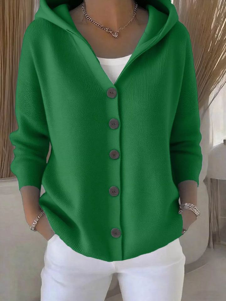 Green hooded knit cardigan with wooden-look buttons, front view