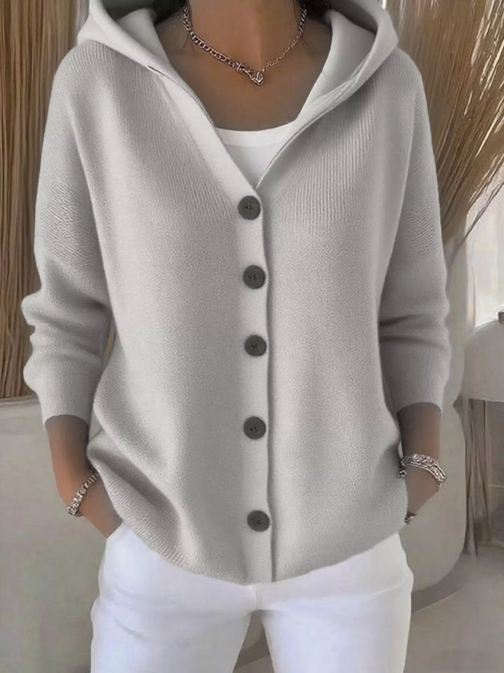 Light gray hooded knit cardigan with wooden-look buttons, front view
