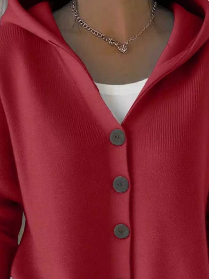 Close-up of the red cardigan hood and V neckline