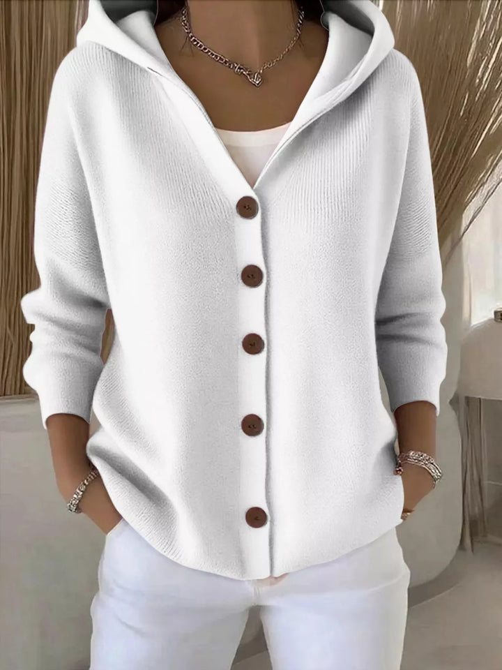 White hooded knit cardigan with wooden-look buttons, front view