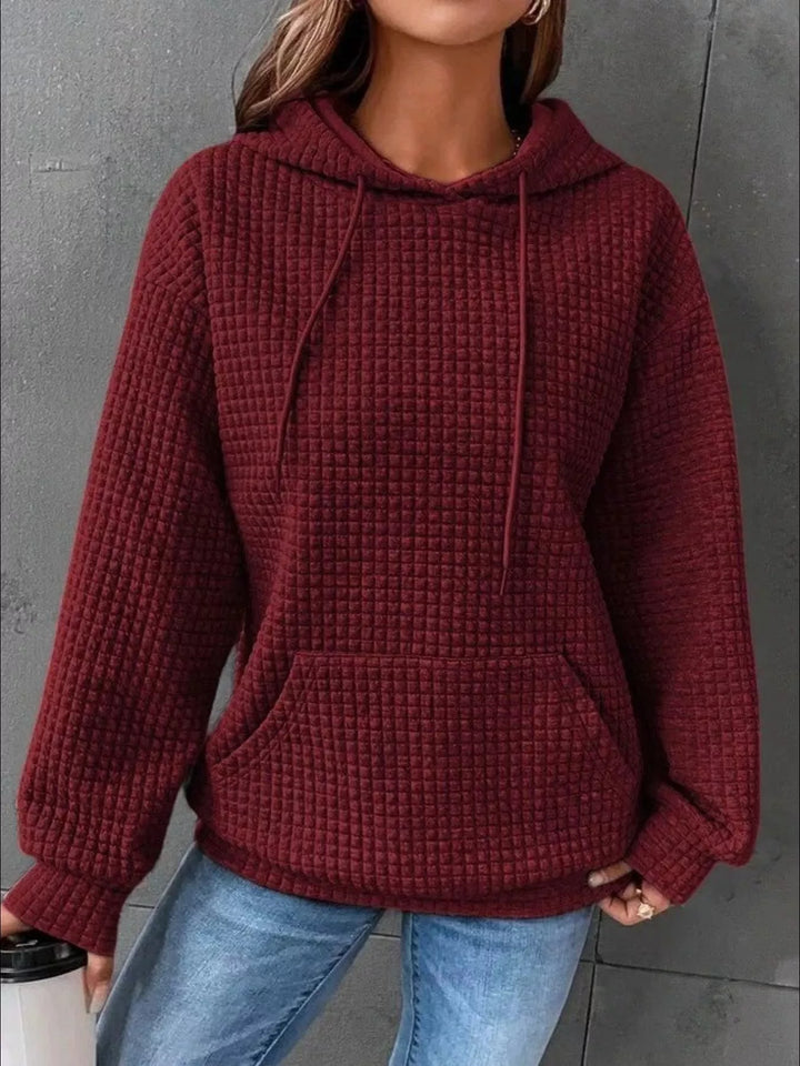 Waffle texture kangaroo pocket drawstring hood in dark red, front view