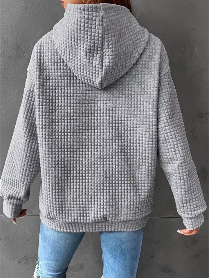 Waffle texture kangaroo pocket drawstring hood in grey, back view